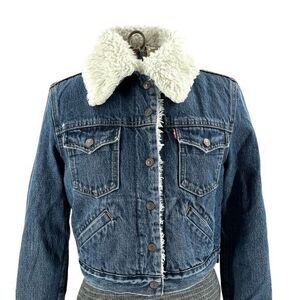 Levi's Blue Denim Bomber Jacket with White Collar